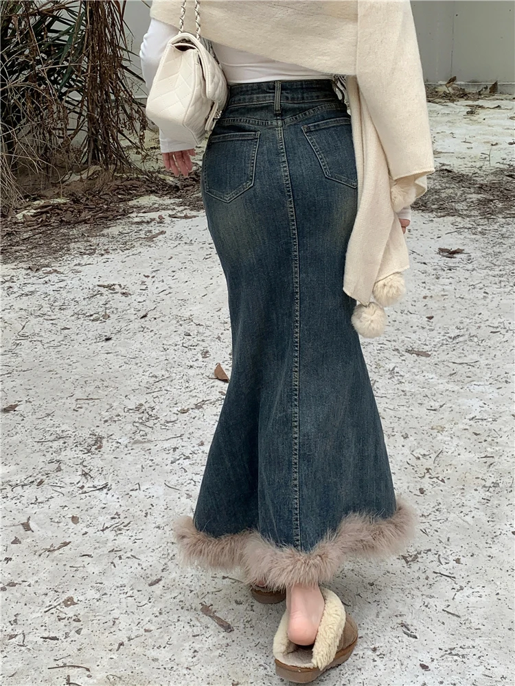 Furry Jeans Mermaid Skirts Women High Waist Skinny Skirts Y2K Harajuku Slim-Fit Elegant Denim Skirt Long Blue Skirts Female