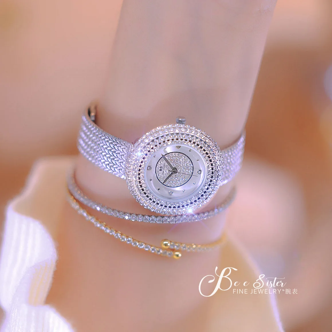 BS Diamond Watch For Women Gold Stainless Steel Wheat Strap Fashion Quartz Wristwatches Female Silver Full Diamond Dial Watches