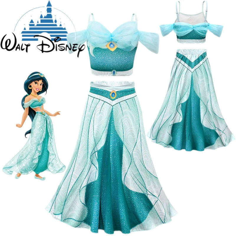 New Disney Jasmine Princess Dress Suit Birthday Party Cosplay Aladdin Magic Lamp Costume Halloween Clothing Set for Girls Gifts