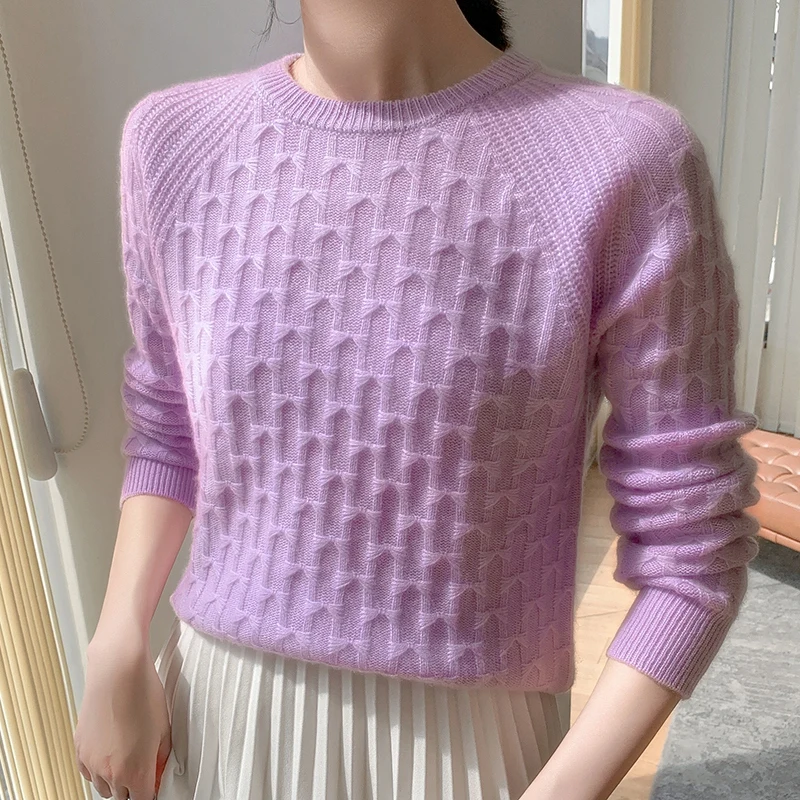 

100% Goat Cashmere Knitting Clothing For Women New Winter O-neck Loose Long Sleeve Knit Thicker Lady Pullovers