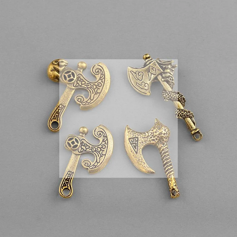Solid Brass Axe Statue Key Chain Vintage Distressed Finish And Chinese Fu Character Lucky Charm For Car Keys Home Decor Pendant