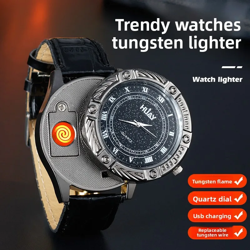 Hot  Rechargeable Metal Creative Watch Lighter Cool Trend Tungsten Filament Cigarette Lighter Men's Gift Cigarette Accessories