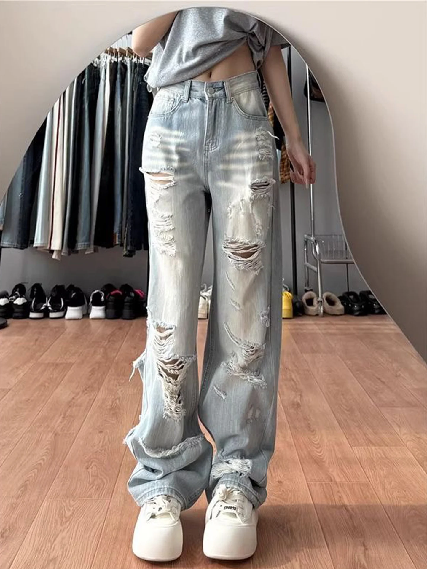 

Американские джинсы-клеш с высокой талией для женщин, летние, новые, свободные, широкие, в пол, винтажные, рваные, из денима