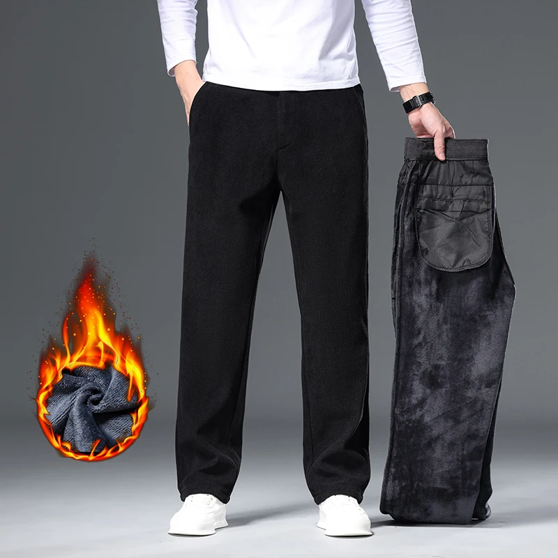 

Новинка 2026, зимние прямые серые, черные деловые брюки, брендовая одежда, мужские вельветовые повседневные брюки, теплые флисовые утолщенные классические брюки