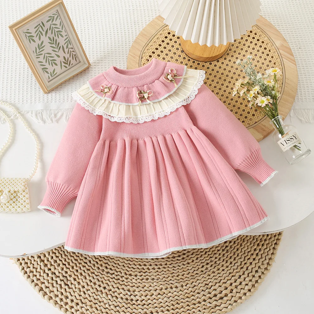 

Children Girls Sweater Dress Autumn Lace Spliced Collar Knitted Princess Dress For 1-6Y Girl Korean Sweet Bow Flower Belle Dress