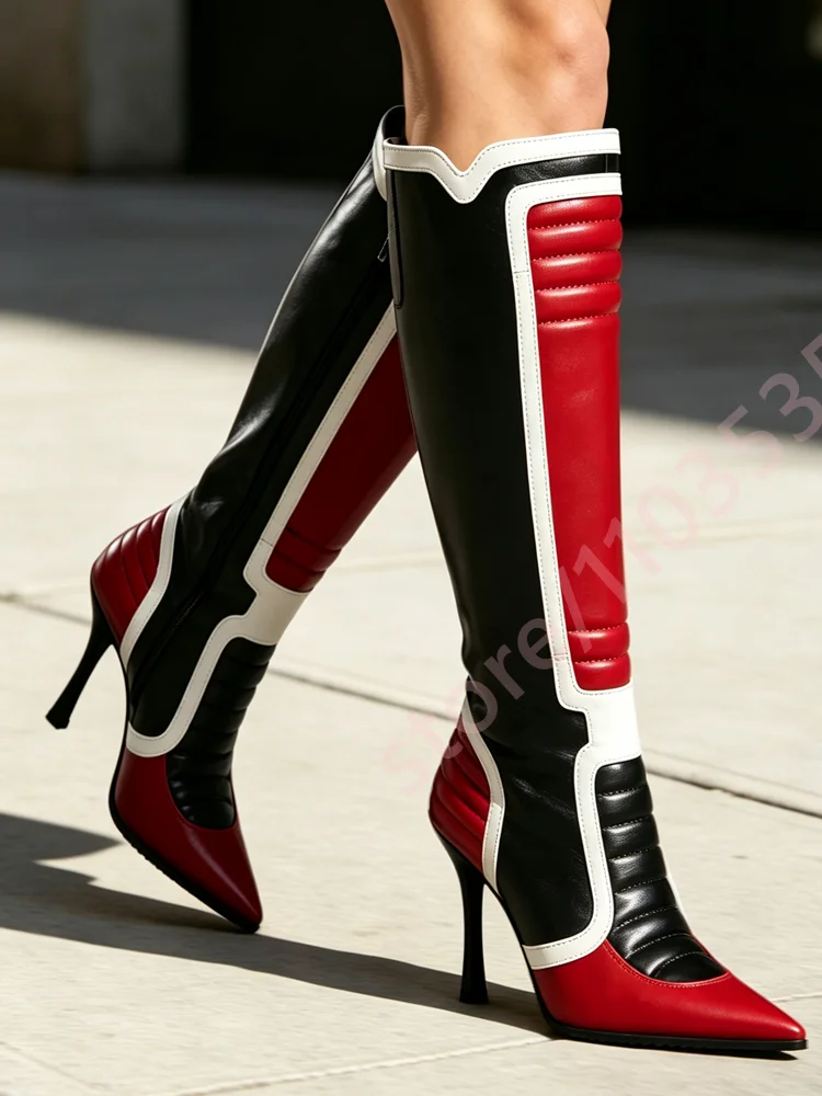 Women Color Block Knee High Boots 2026 Pointed Toe Side Zipper Stiletto Contrast Retro Racing Style Cosplay Party Fashion Shoes