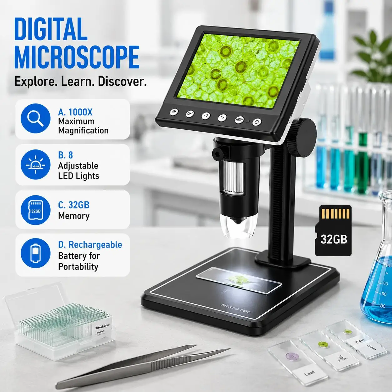 Portable 4K Digital Microscope 1000X Magnification 8 LED USB Storage 32GB Adjustable Stand Metal Body Lab Industrial Inspection Coin Jewelry Repair Professional with Carrying Case Compatible Windows Mac