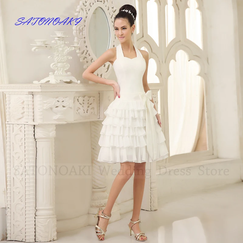 

Элегантное простое короткое свадебное платье по индивидуальному заказу для невесты, вечернее платье трапециевидной формы с лямкой на шее и оборками на шнуровке, Vestidos De Novia