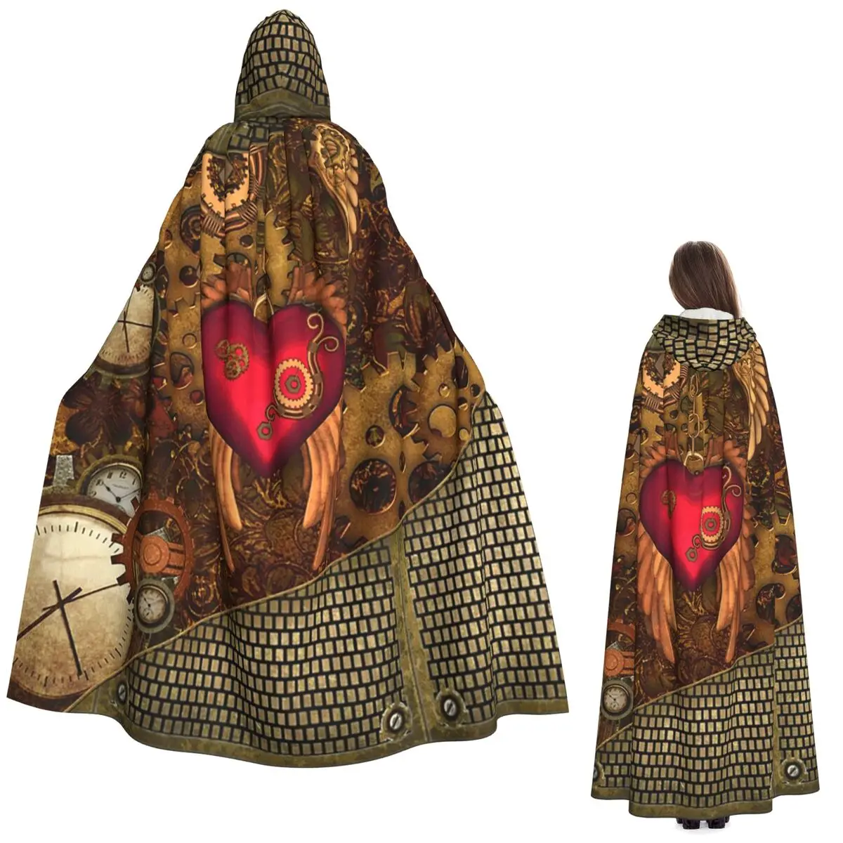 

Wing Embellishments Steampunk Heart Long Hooded Cloak Witch Medieval Costume Cosplay Cape HalloweenParty Adult Unisex