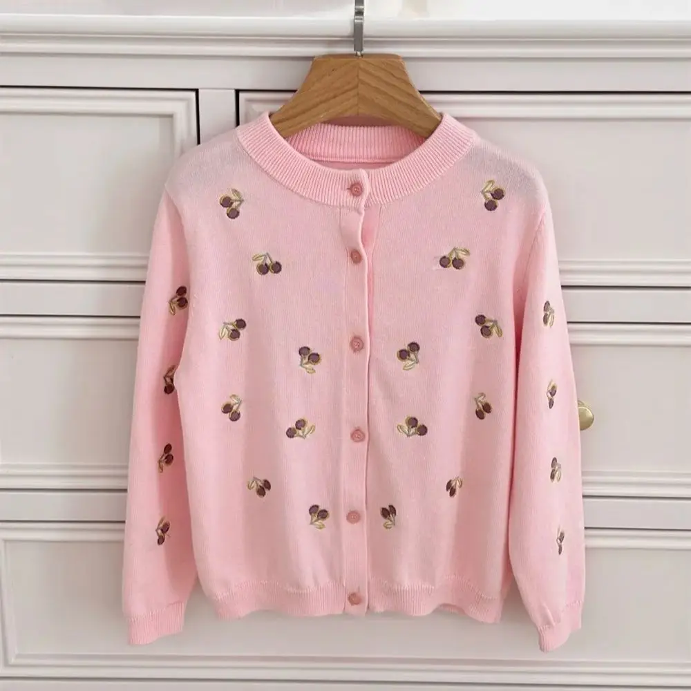 

Свитер для девочки Вязаная куртка для девочек розовая, удобный свитер с вышивкой вишневого цвета, детское пальто