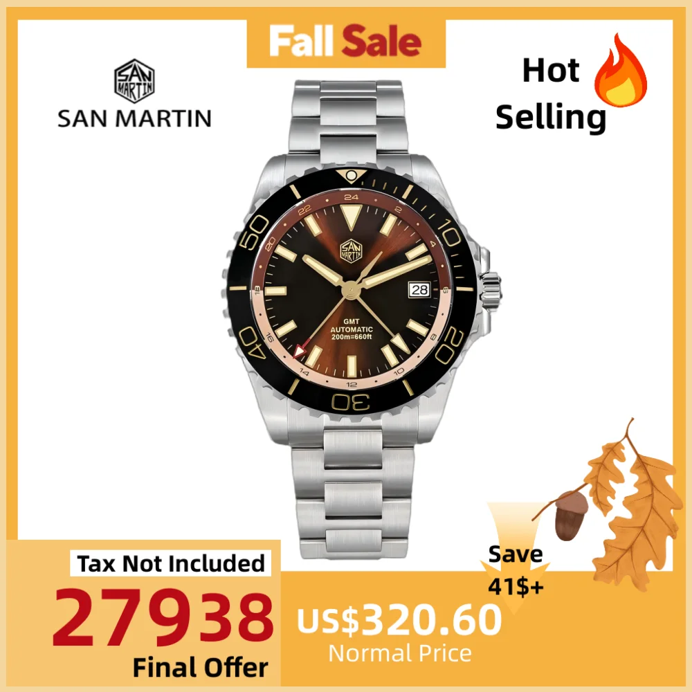 

San Martin 39mm Enamel Sunray Dark Brown Dial Men Automatic NH34 GMT Watch 20Bar Retro Wristwatch SLN C3 Green Lume Dive SN0136