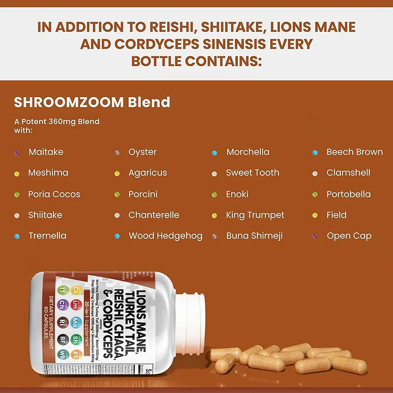 Lions Mane 3000mg 20in1 Mushroom Men Supplement with Turkey Tail 2000mg Reishi 1000mg Cordyceps Chaga 1000mg Maitake Meshima