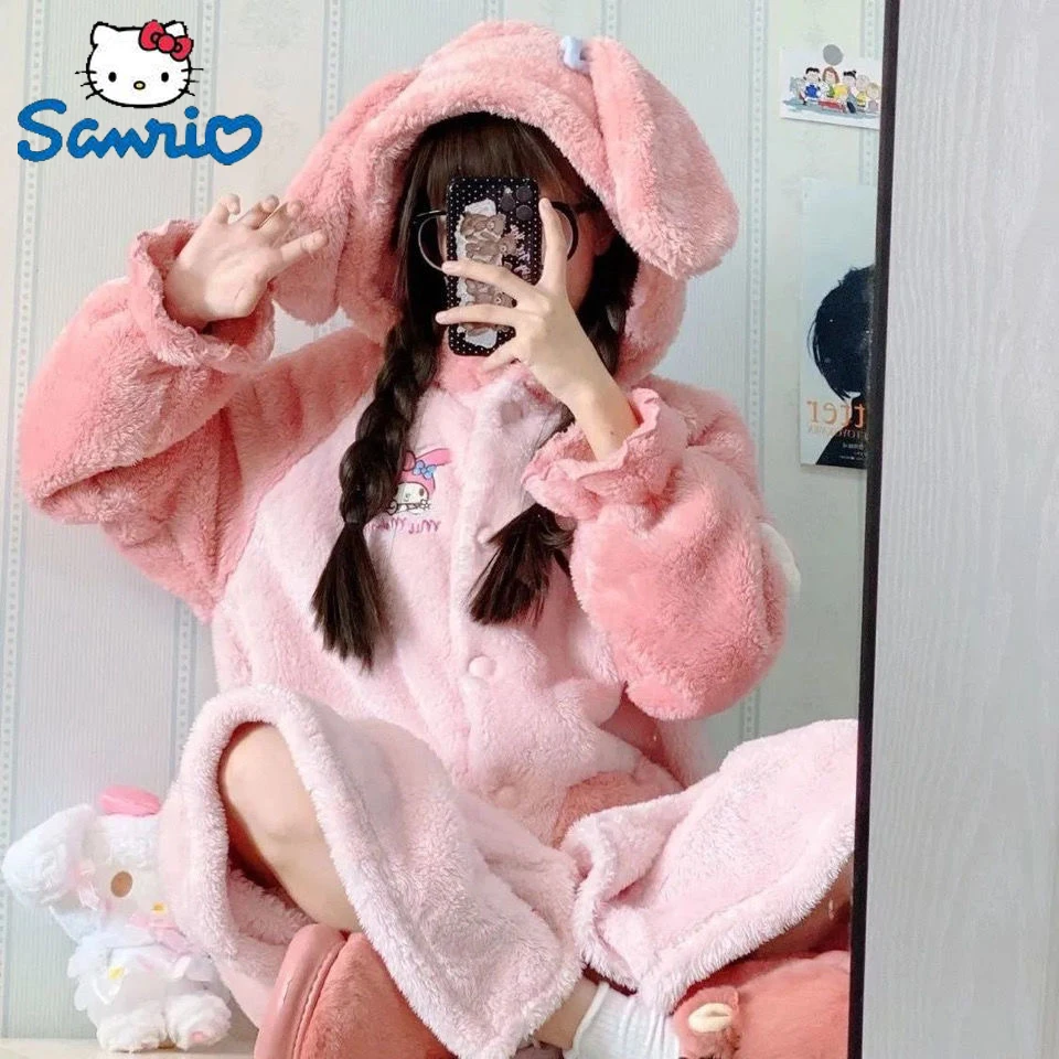 

Sanrio My Melody Kuromi Cinnamonll Nightgown Anime Kawaii Cartoon Night Robe Trousers Suit Winter Thickened Fleece Winter Pajama