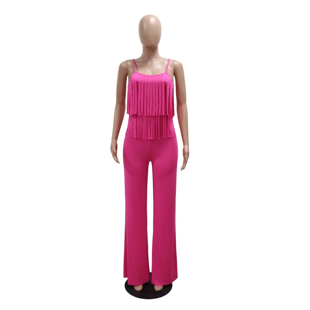 Women's Fashion Casual Halter Solid Color Fringe High Elastic Slimming Wide Leg Pants Comfortable Vacation Jumpsuit