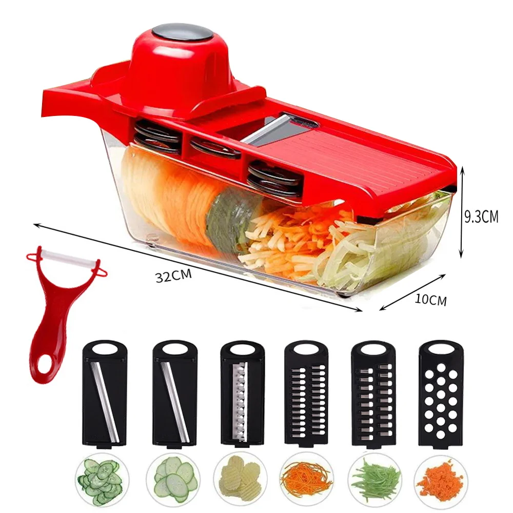 6 In 1 Multifunctional Red Vegetable Cutter Convenient Shredder Shredding Dicing Grater Export Vegetable Cutter Kitchen Tools