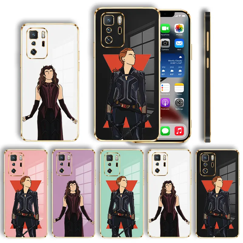 Plating Case For Xiaomi Redmi Note 11 11T 10T 9T 9 9S 7 8 10 Pro for Redmi 9A 9C 10C K40 Marvel Scarlet Witch Wanda Black Widow