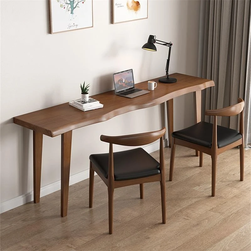 Conjunto de mesa y sillas de madera maciza de estilo nórdico, mesa larga de pared, mesa alta estrecha con almacenamiento para bar o tienda de té con leche.