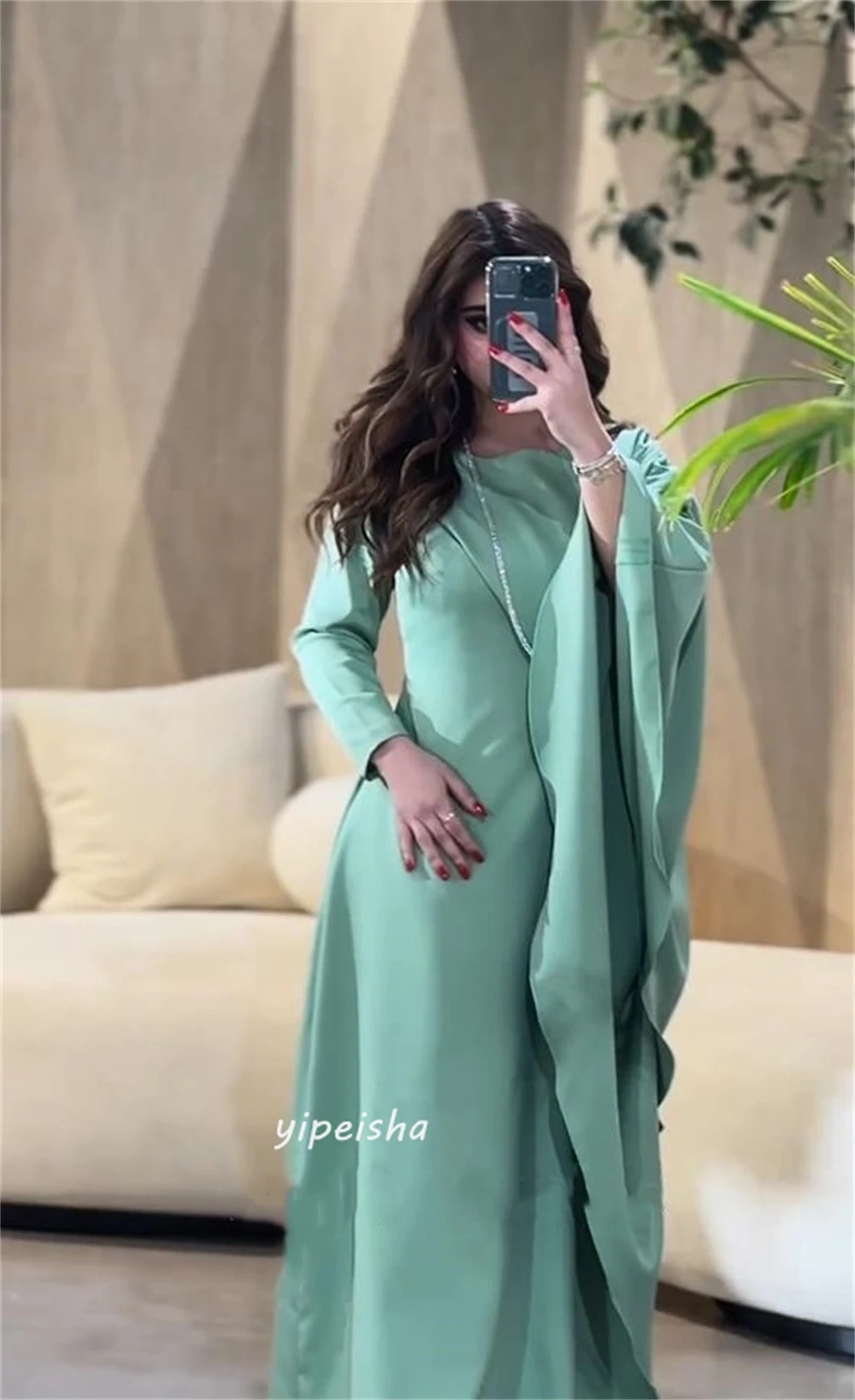 O-pescoço A linha cetim até o chão vestido de baile, vestido formal Prom, Arábia Saudita estilo moderno, vestidos ocasião sob medida