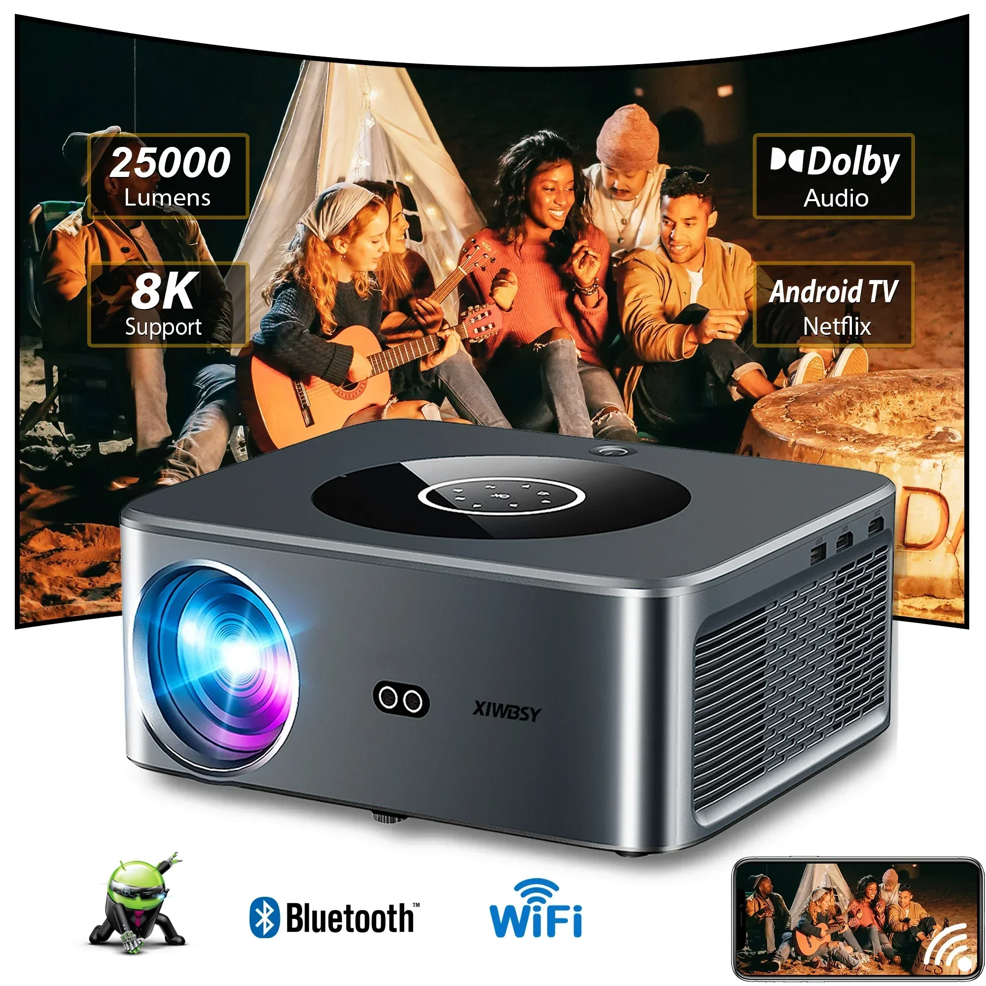 XIWBSY 25000Lumens Android 4K Projector WiFi6 Auto Focus/keystone LED Projector 1080P Full HD Video Home Theater Portable Beamer