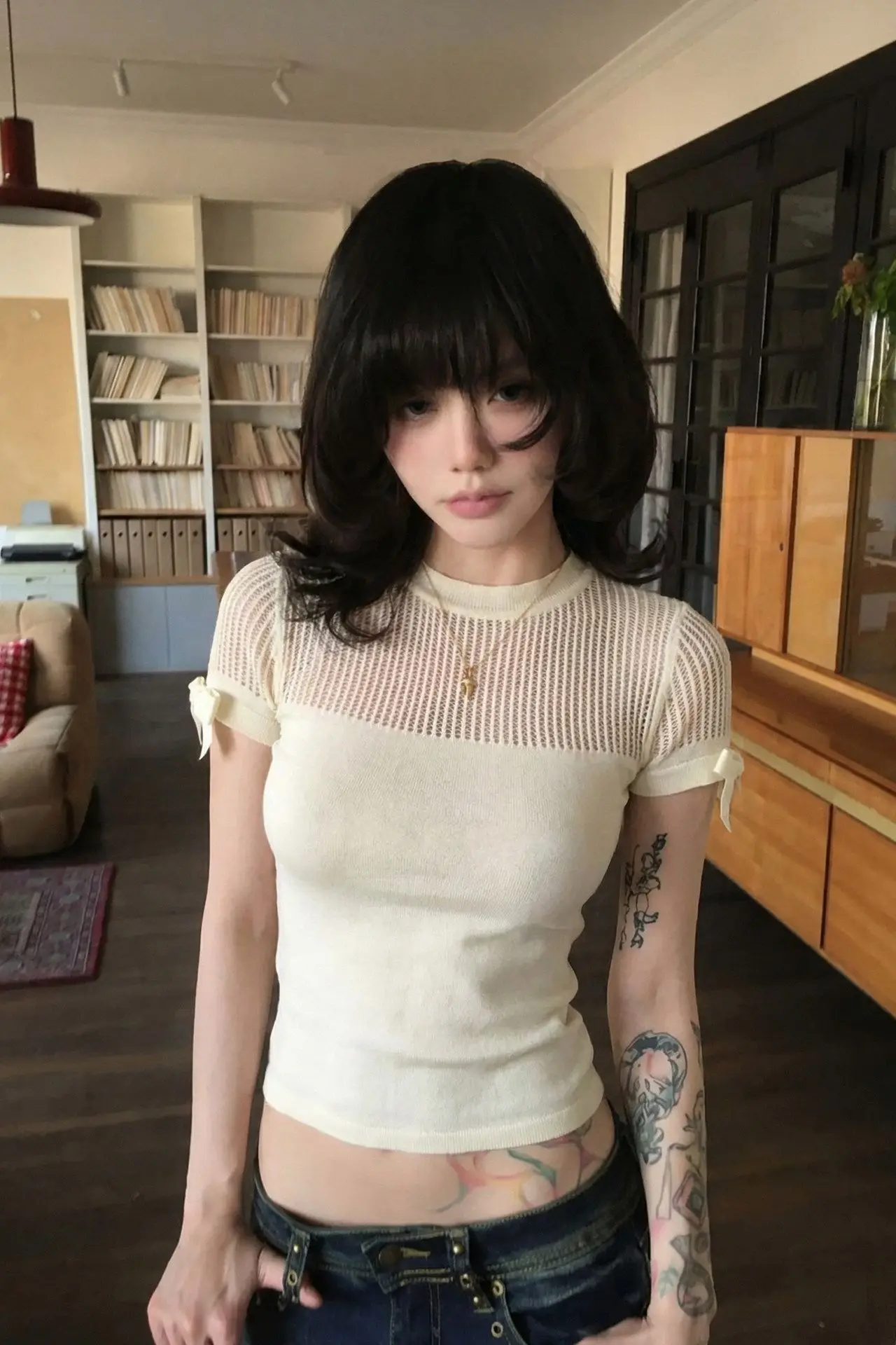 2026 American Spicy Girl Hollow Bow Knitted Short Sleeved T-shirt Women Summer Slim Fit Slimming Versatile Niche Top