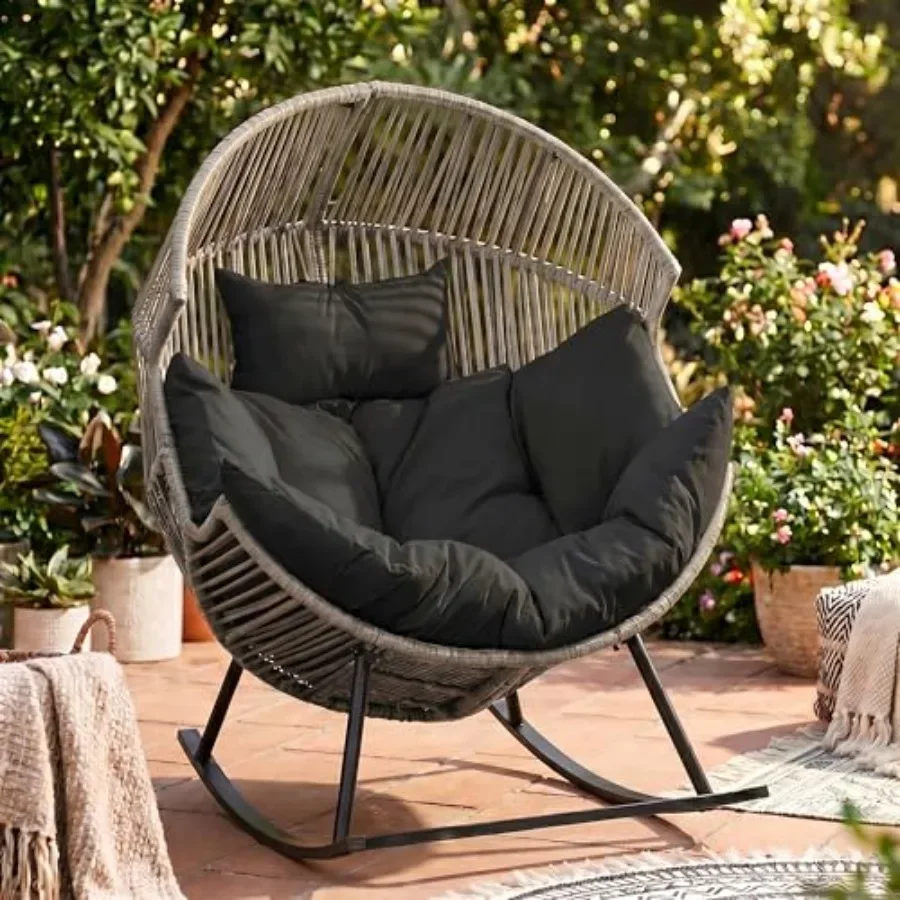 Egg Chair Rocking Chairs for indoor living room, bedroom, outdoor patio, backyard, balcony, garden; wicker material, dark color