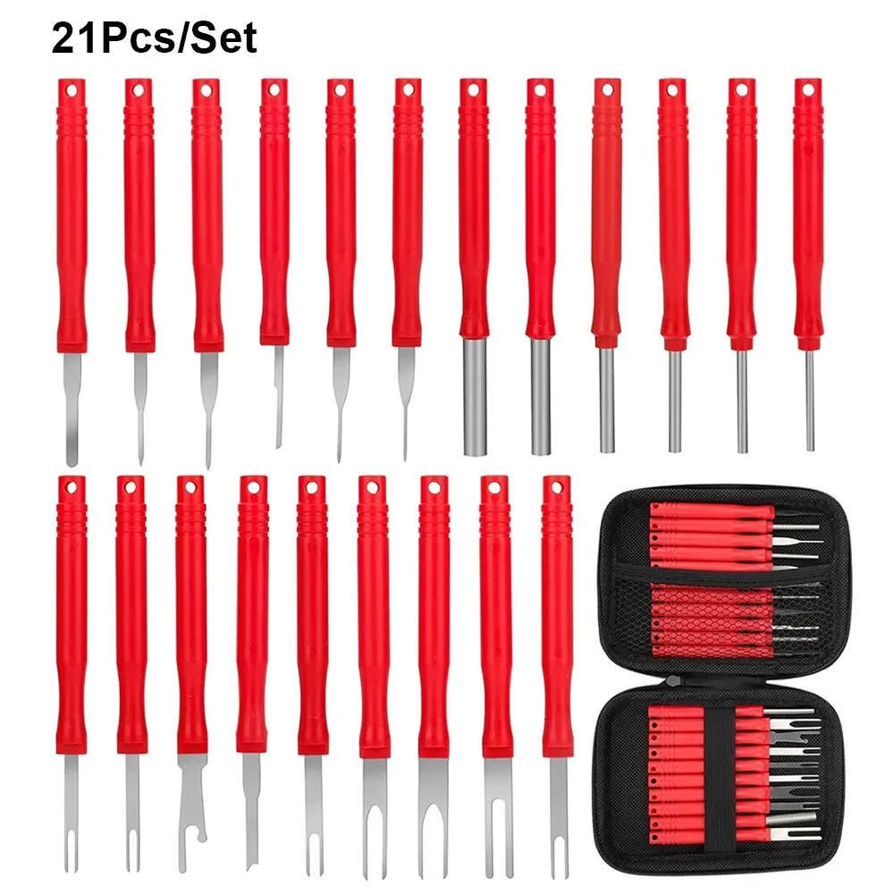 21Pcs/Set Electrical Connector Terminal Removal Tool Red Stainless Steel Wire Crimp Removal Tool