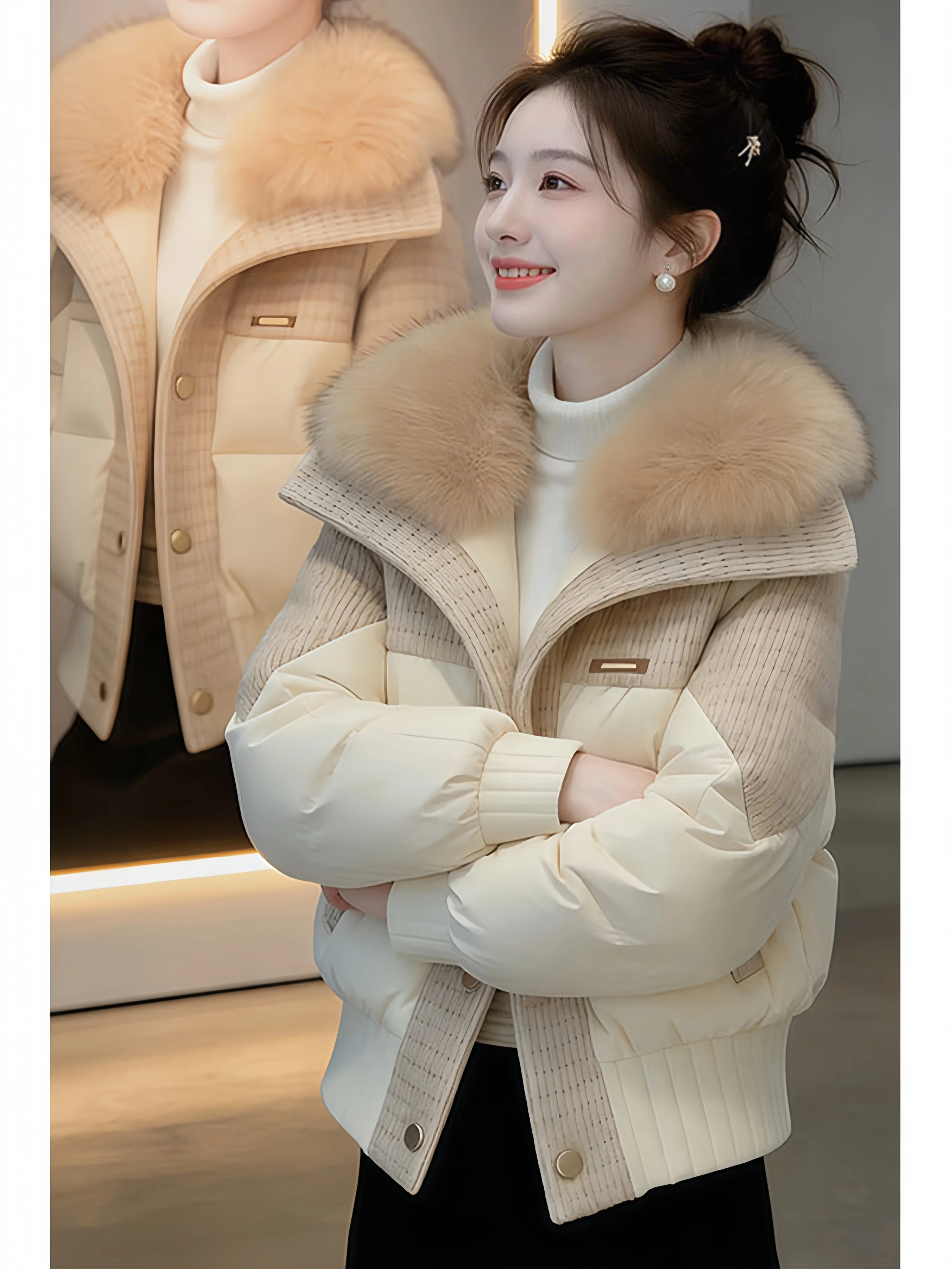 

Stylish Thickened Short Cotton Jacket Women's Winter Warmth Large Fur Collar Fashionable Korean Style Commute Clothes