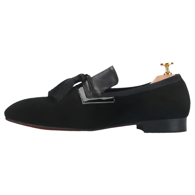 Piergitar Handcrafted Tassels Style Men's Loafers CL Brand Same Design Black Suede Slip-On Smoking Slippers Red Color Sole Shoes