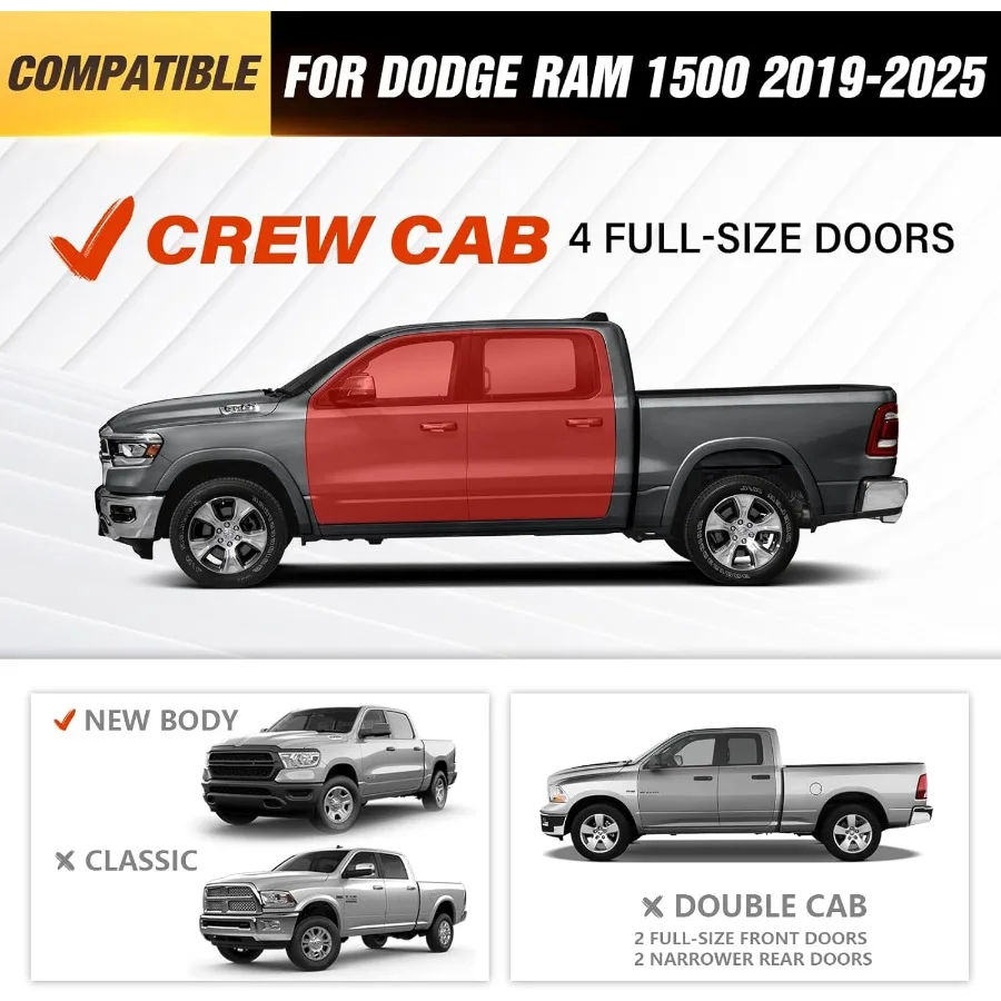 Pasos laterales de acero resistentes para cabina crew Dodge Ram 1500 2019-2025 con nuevo diseño de carrocería estribos atornillados con dos pasos