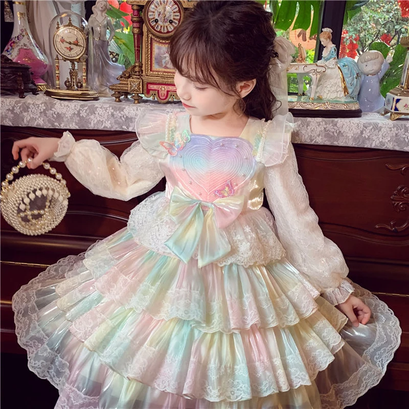 

Winter Autumn Warm Mesh Girl Cake set Skirt Elegance Christmas Girl Party Layed Shiny Princess Ball Gown Dress Childrens Clothes