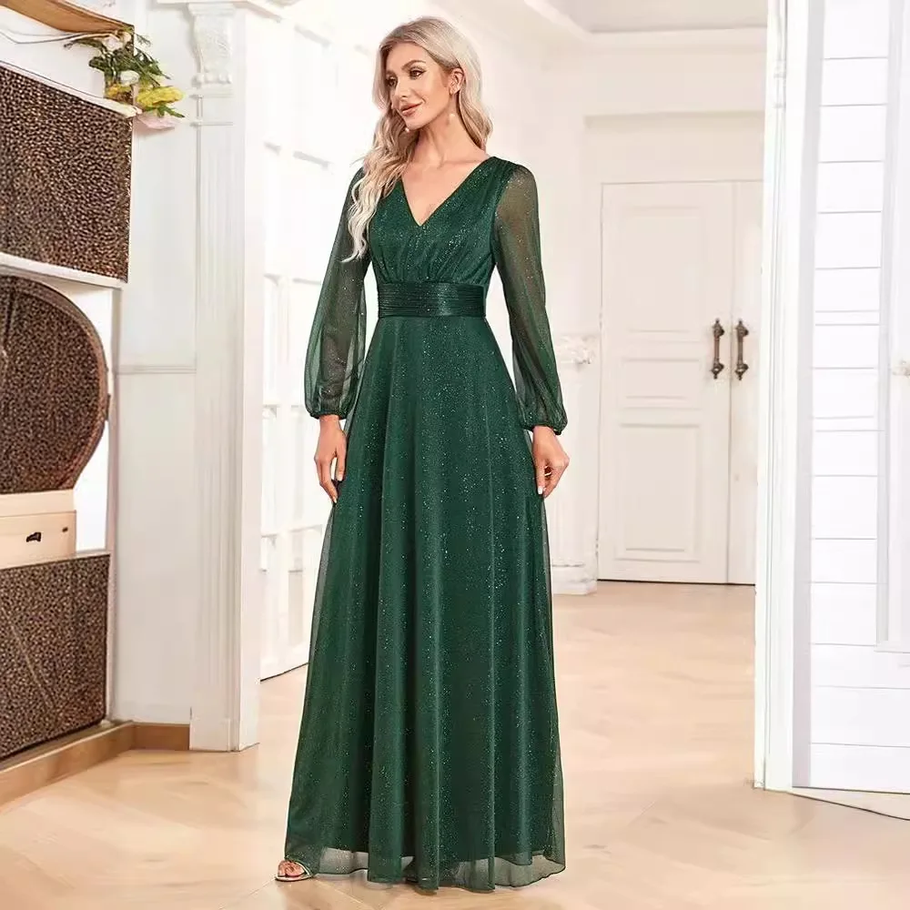 N129 Customized Full Sleeves Green V-Neck Formal Dresses Sweet Memory Wedding Bridesmaid Dress Long For Women Girls Party Robe