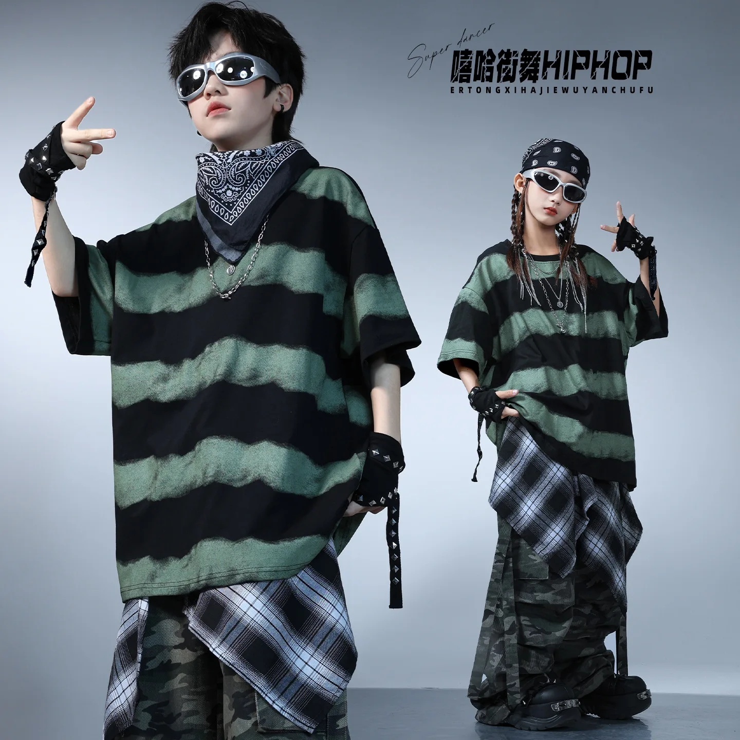 Teenager Kids Streetwear Boy Girl Hip Hop Costume Contrast Tops Camo Cargo Pants Children Group Stage Dance Clothes 4-16 Years