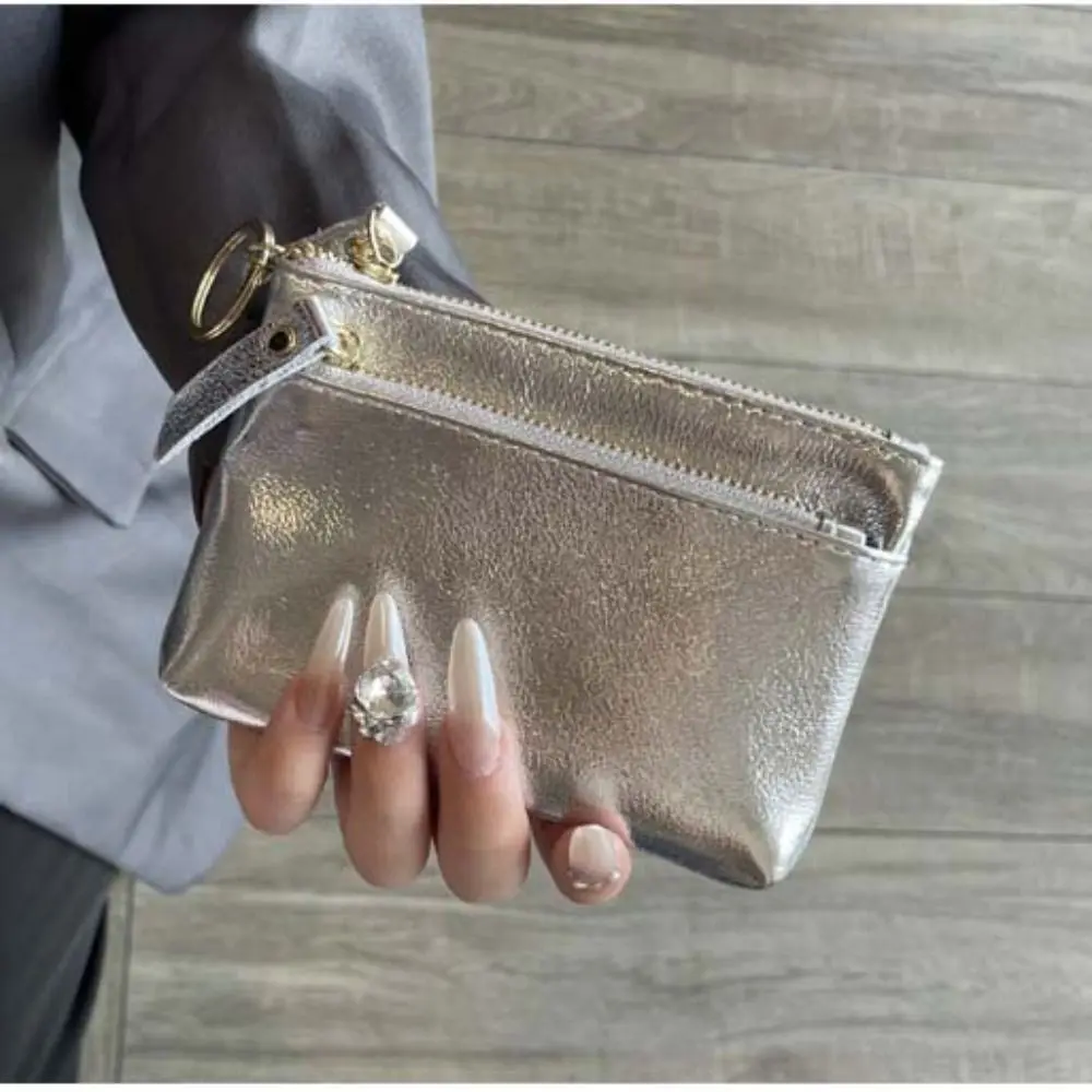 Retro Genuine Leather Silver Wallet Korean Style Solid Color Zipper Coin Purse Clutch Earphone Pouch Small Item Bag Men