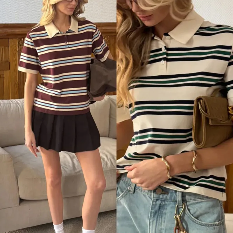 

Y2K полосатая футболка с короткими рукавами, новая летняя контрастная рубашка-поло в стиле ретро, свободный повседневный женский топ с лацканами, хлопковый пуловер, свитер