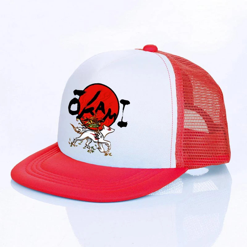 Japanese Game Flat Bill Hats Vintage Kitsune Fox Okami Mesh Baseball Hat Red Sun Amaterasu Okamiden Wide Brim Snapback Cap YF166