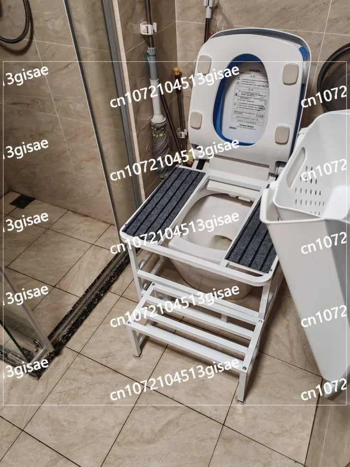 تم استبدال مقعد المرحاض بمرحاض القرفصاء، ودواسة القدم، ومسند القدمين للحمام، ومقعد المرحاض