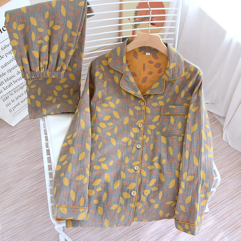 Autumn Washed Cotton Leaf Printed Women Sleepwear Long Sleeve Pants Pajama Set Women Pijama Trouser Suits for Retro Homewear