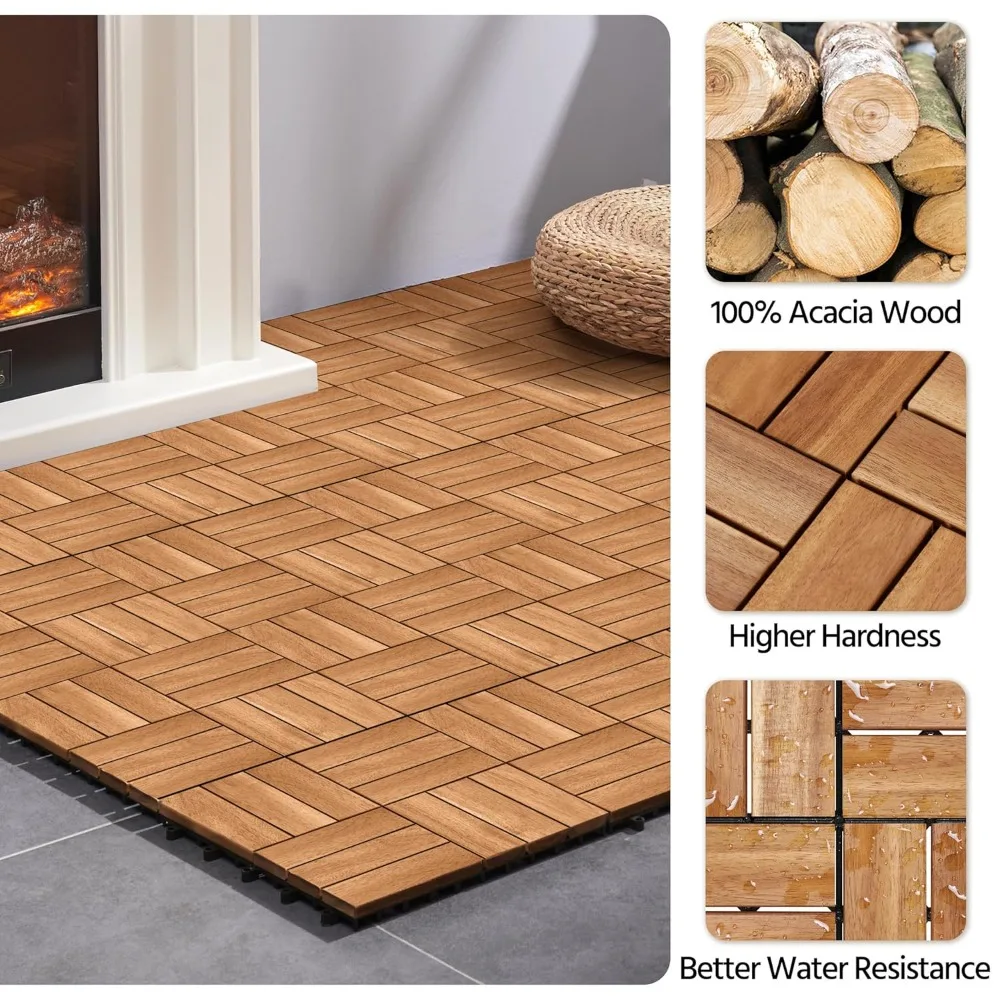 108pcs Hardwood Interlocking Patio Deck Tiles Acacia Waterproof Wood Flooring Tiles for Patio Garden Poolside, 12'' x12''