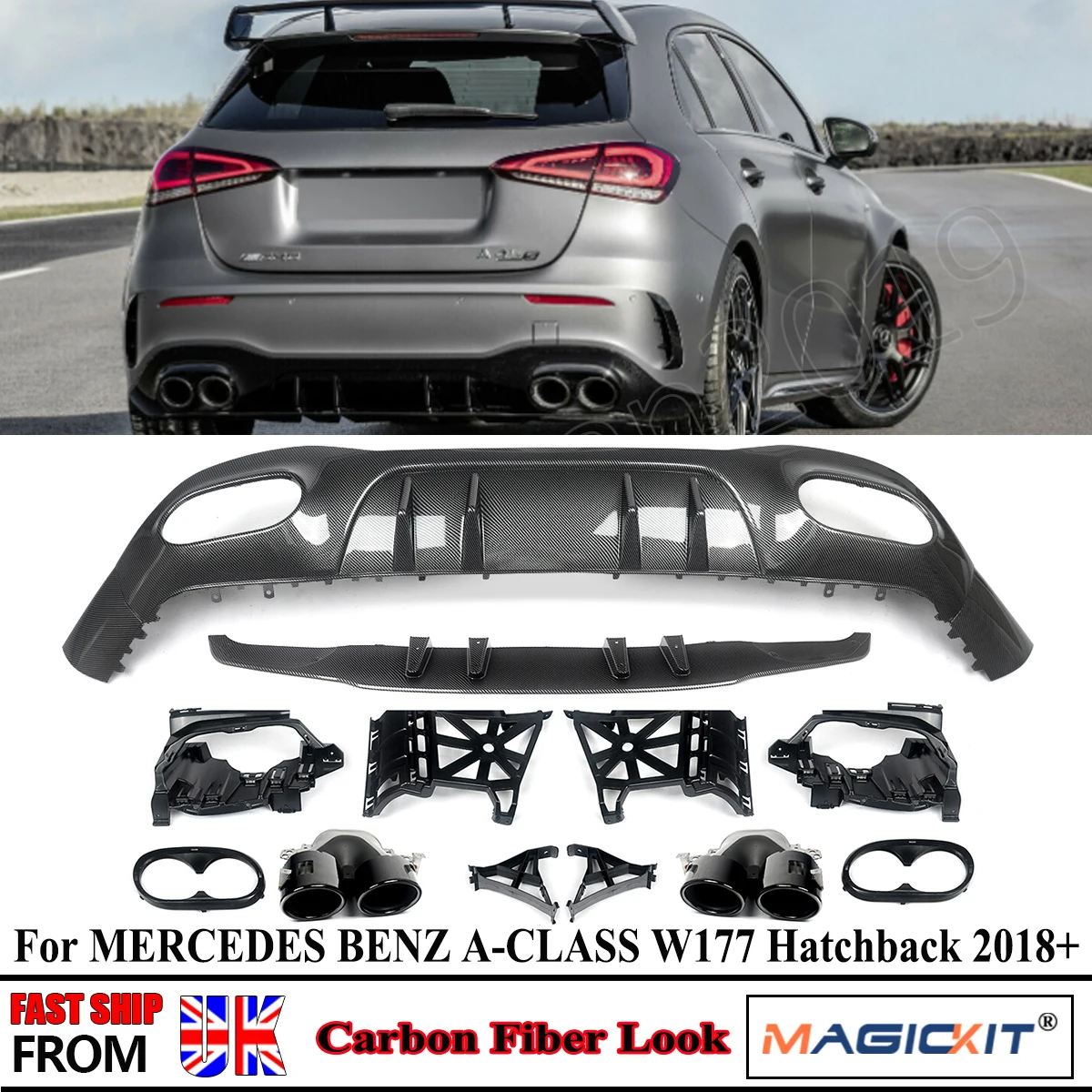 

FOR Mercedes-Benz A-Class W177 A200 A250 Sport Hatchback 2019+ A45 AMG A45 A45S LOOK REAR DIFFUSER TAILPIPES Carbon Fiber Look