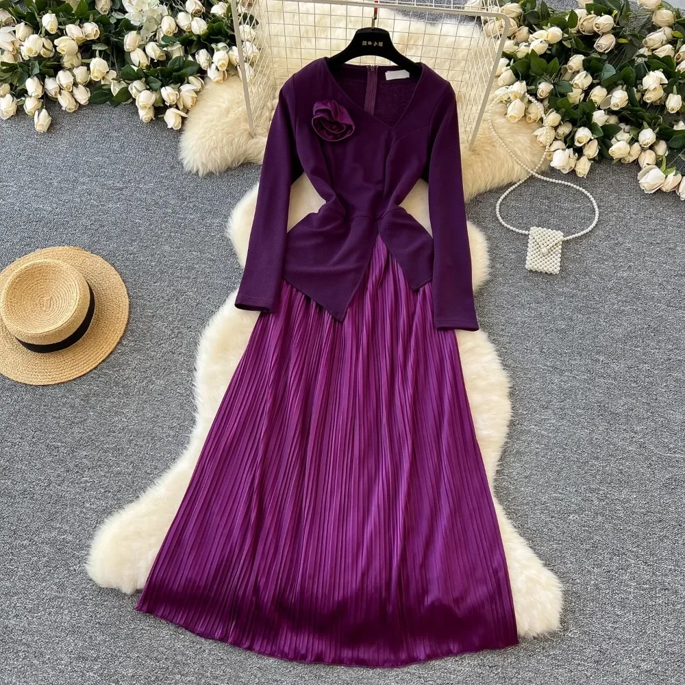 Elegant Long Sleeve Vintage V-neck Three-dimensional Floral Slim Spliced Pleated Dresses Evening High Street Plus Size Clothing