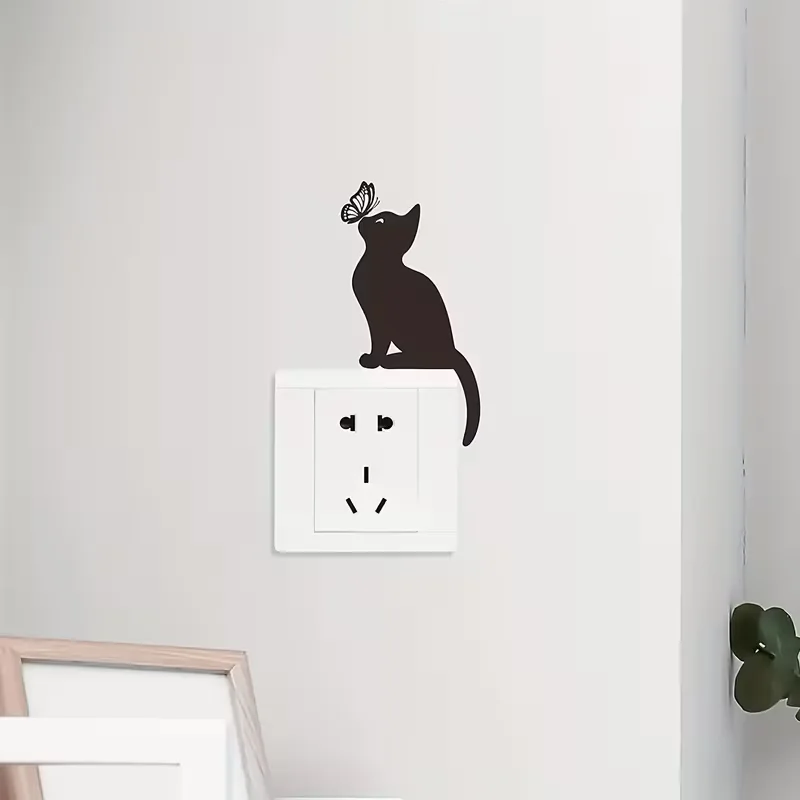 1pc black cat and butterfly socket switch sticker, art decoration sticker, home wall sticker