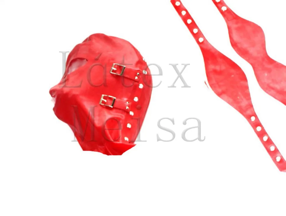 Rote Latexhauben für Erwachsene, Gummimasken mit Kordelzug, inklusive Aufnäher und Masken mit Reißverschluss hinten