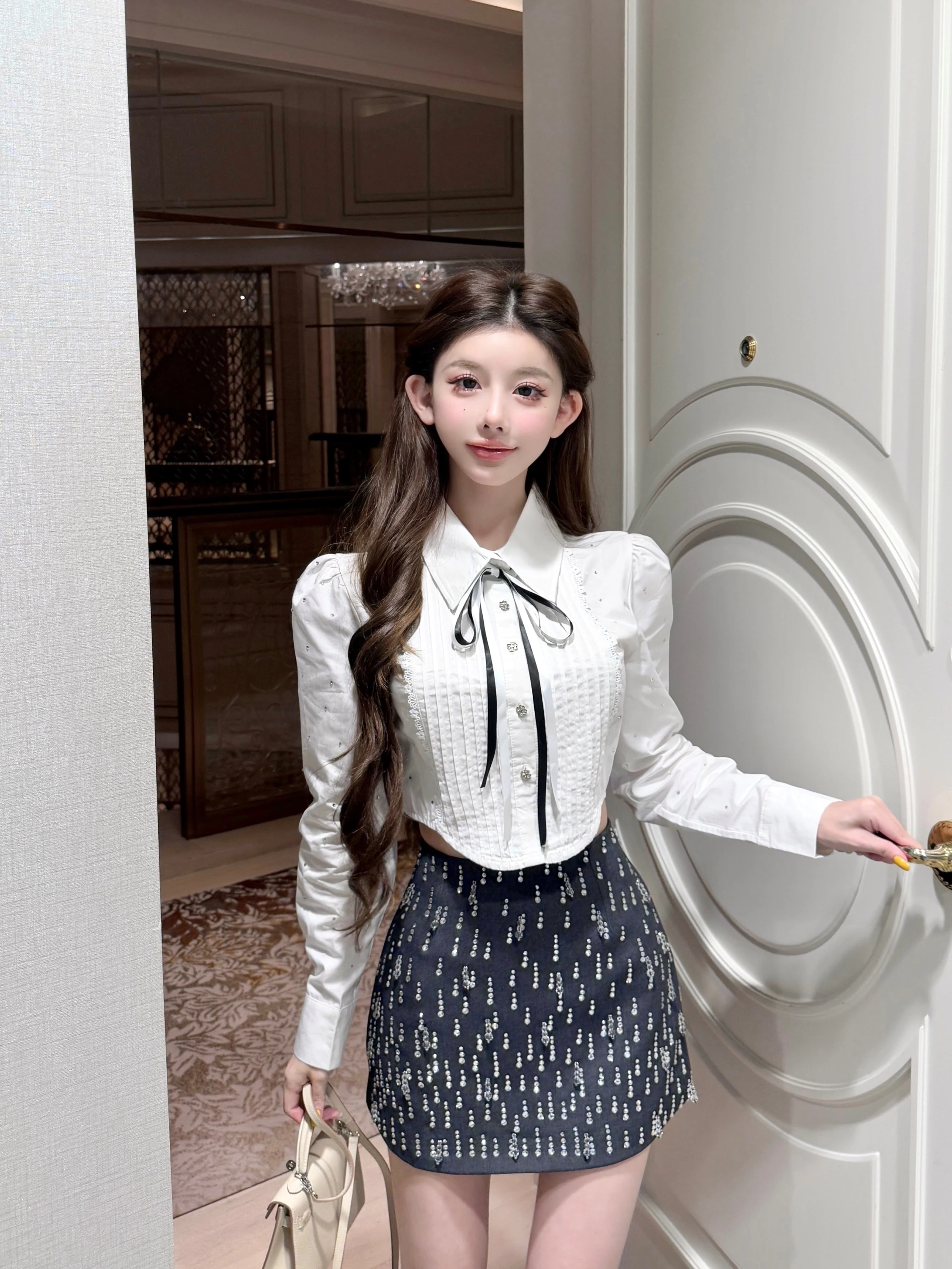 

Qiauuu Crystal Snow Sweet Sle Long Sve ort irt Women's Cotton Pure Heavy Embellied Blouse Girl's Faion Top