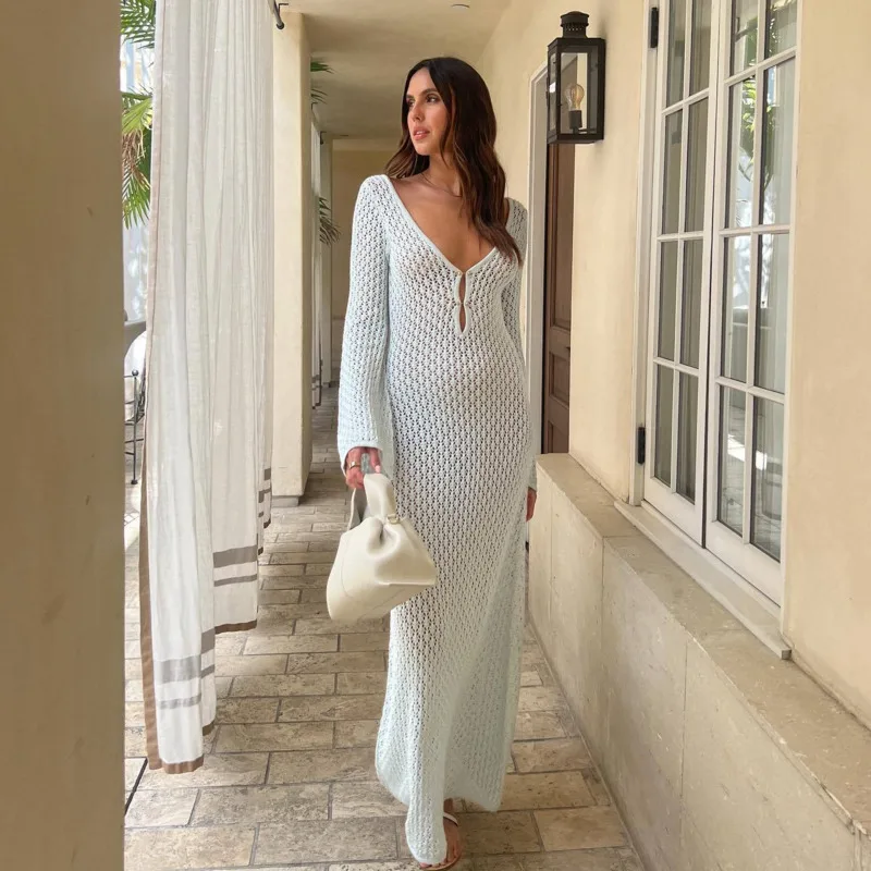 

Women Sexy Long Knit Beach Long Dresses Fashion Hollow Out Deep V Neck Long Sleeve Bikini Cover Ups Dress Backless Holiday Robes