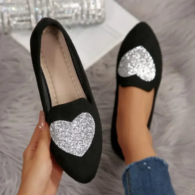 Women Pointed Toe Flat Loafers, Slip‑On Shoes with Glitter Heart Decor Black Flats Size 42