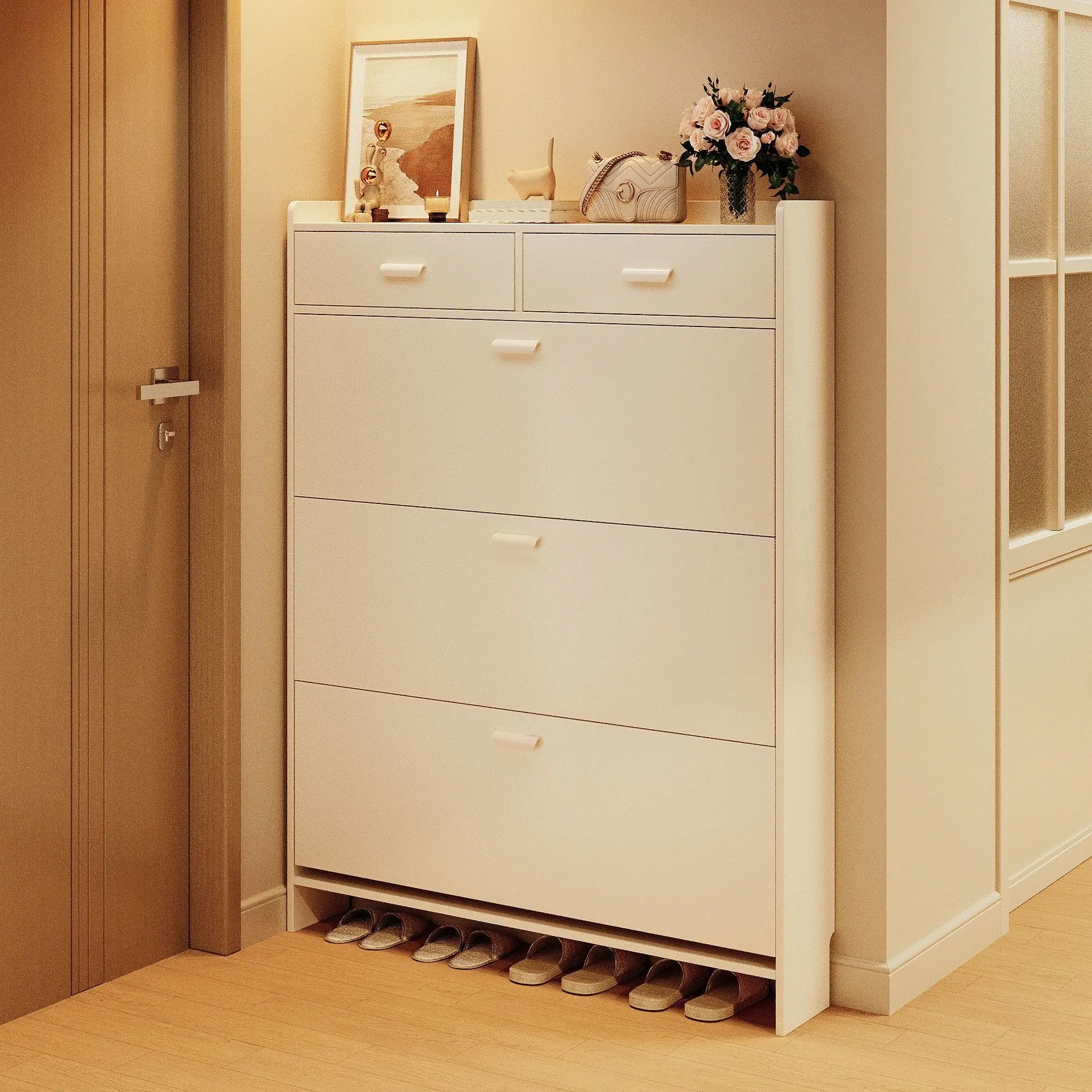 

Solid wood ultra-thin tipping bucket shoe cabinet home entrance corridor entry large capacity entrance cabinet small narrow shoe