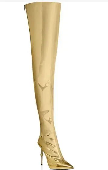 Gold Shiny Patent Leather Pointed Toe Slim Skull Thin Heels Over The Knee Thigh Long Boots Women Fashion Run Way Long Botas Shoe