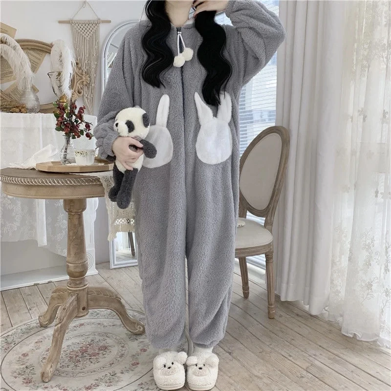 Sweet Gray Hooded Bodysuit Role Playing Anime Cartoon Rabbit Costume Cute Winter Warm Plush Pajamas Couple Home Clothes Set Suit