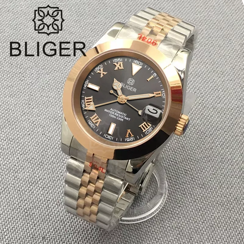 BLIGER 36mm 39mm Grey Dial Rose Gold Roman Numbers Sapphire NH34 GMT Diving Watch For Men Two Tone Stainless Steel GlideBracelet
