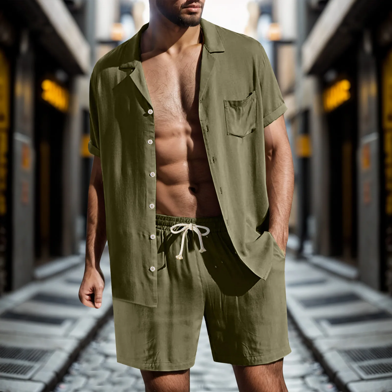 2024 New style Summer Men's Fashion Beach Suit Outdoor Sports Casual Shirt Solid color Loose Short Sleeve Shorts Beach two-piece